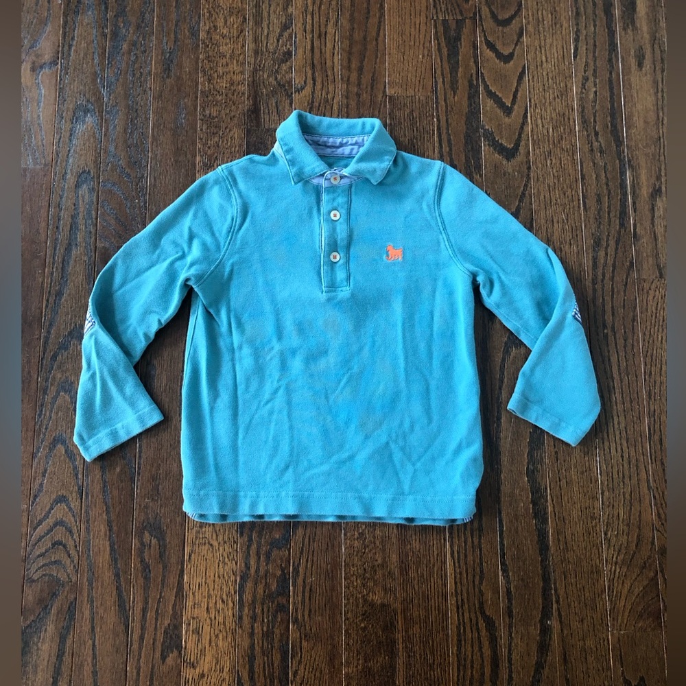 Mini Boden Boys 4-5Y Teal Green Long-Sleeved Patch Elbows Polo Shirt